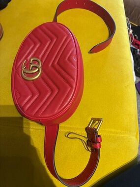 Authentic Red Gucci Crossbody Belt Bag with Gold Double-G Accent